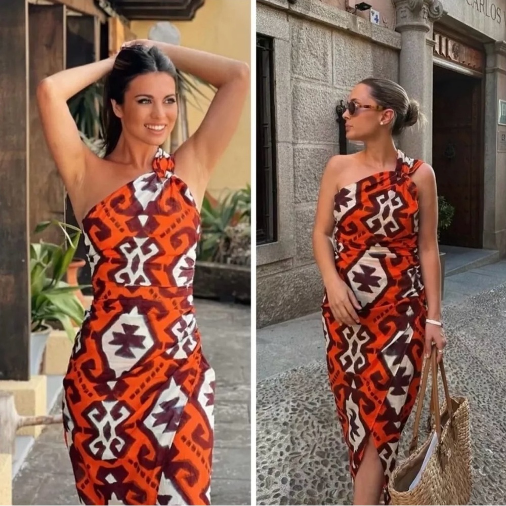 Zara Orange Printed Dress XSmall One Side Strap A-Symmetric Hem‎ NWT